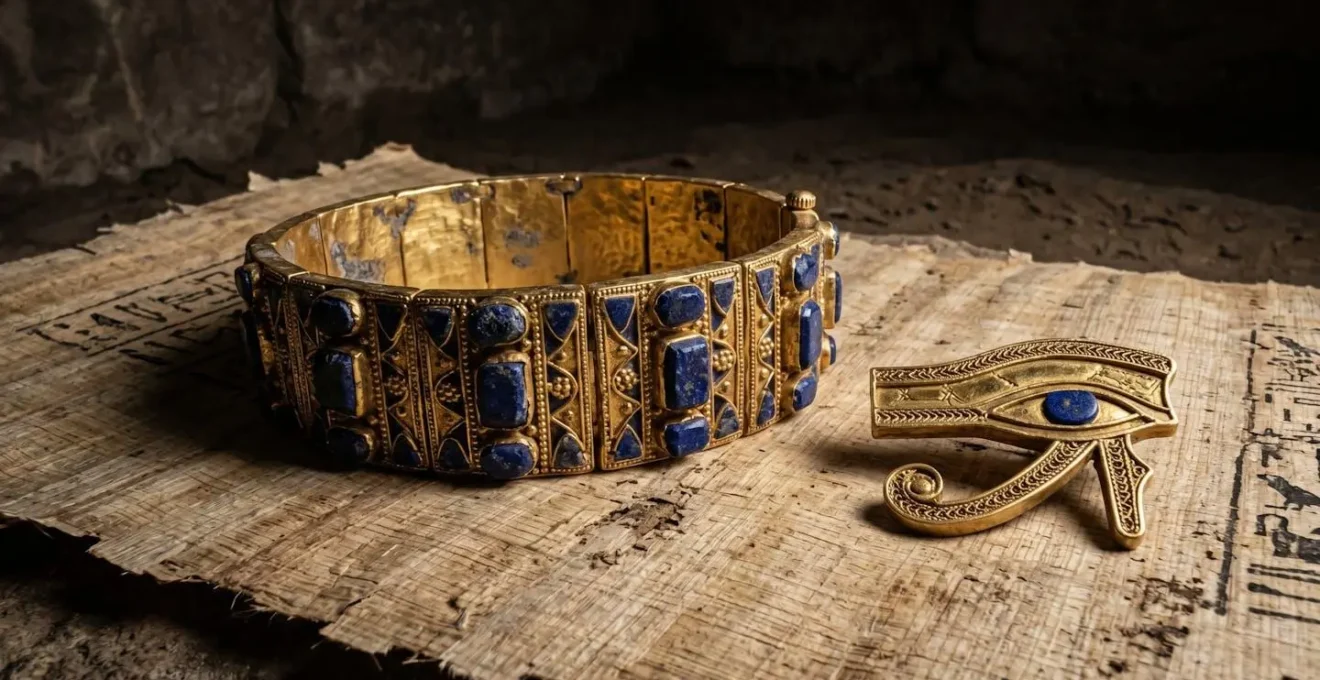 Bracelet égyptien ancien en or et lapis-lazuli posé sur un papyrus, à côté d'un œil d'Horus